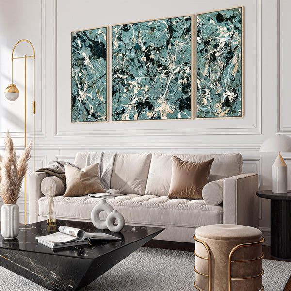 Extra Large Framed Set 3 Canvas - Green Jackson Pollock Style