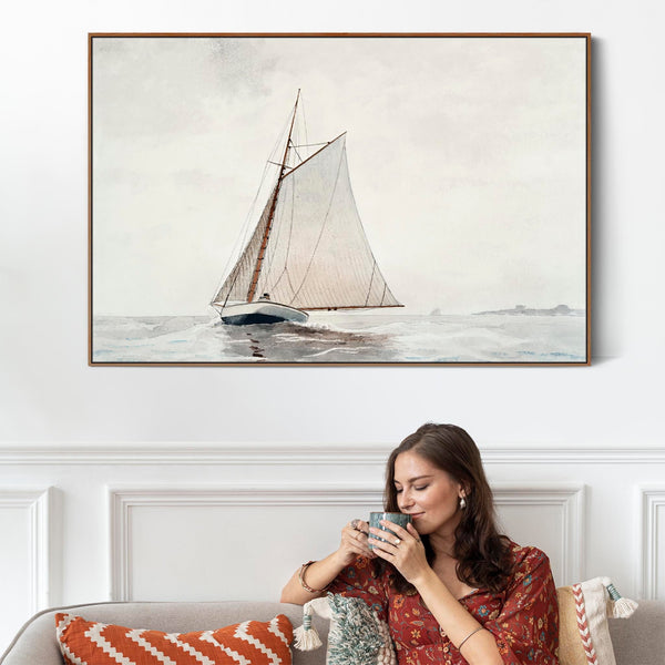 Entrance Hall Framed Wall Art Canvas Print - Neutral - Winslow Homer - Sailing off Gloucester for Hallway