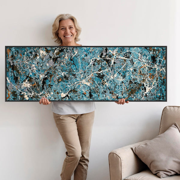 Wide Teal Horizontal Framed Canvas Jackson Pollock Style Art