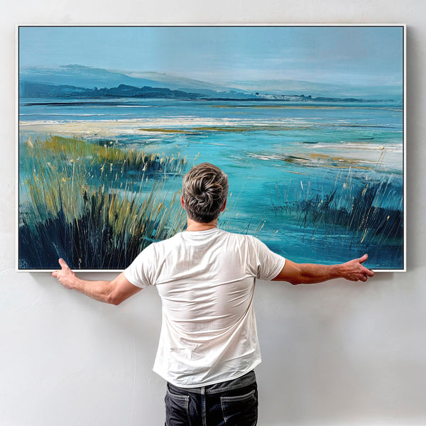 Living Room Framed Wall Art on Canvas - Teal Lounge Landscape