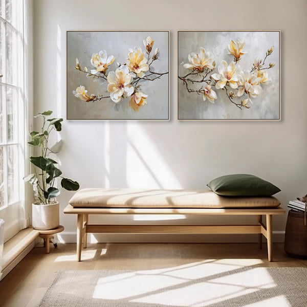 Large Living Room Framed Canvases Magnolia Blossom - Set of 2