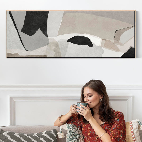 Horizontal Narrow Bedroom Wall Art over Bed Neutral Beige Black Abstract Panoramic