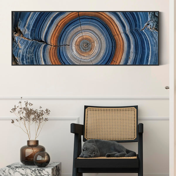 Wide Colourful Blue Tree Rings Framed Horizontal Canvas Art