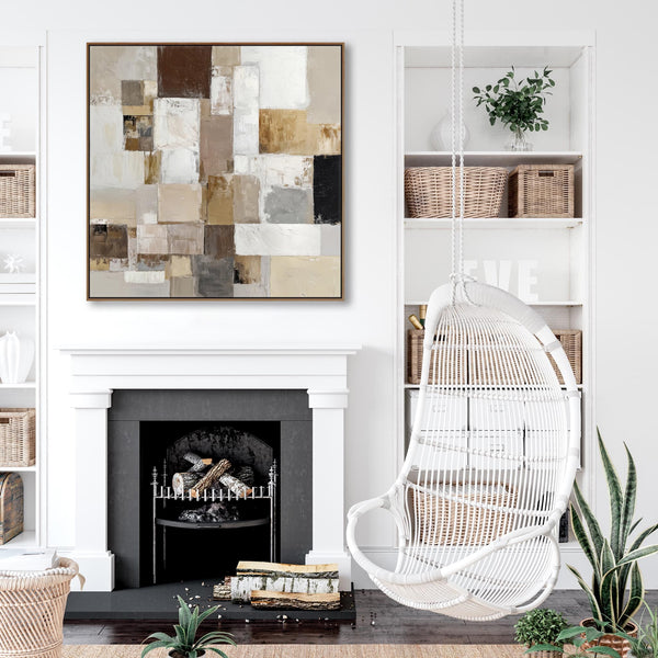 Living Room Canvas Picture - Framed Lounge Art Coffee & Cream