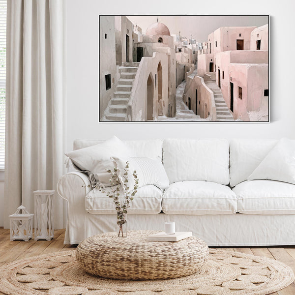 Living Room Framed Wall Art Canvas - Dusky Pink - Aegean Calm