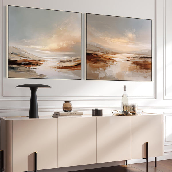 Large Living Room Framed Artwork Pair of Canvas - Ochre Shores - Set of 2