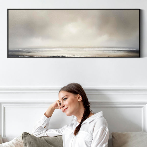 Greige Neutral Wide Framed Canvas Art Panoramic Abstract Landscape for Living Room