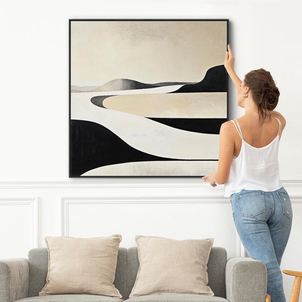 Bedroom Framed Artwork on Canvas Neutral Abstract Beige Black