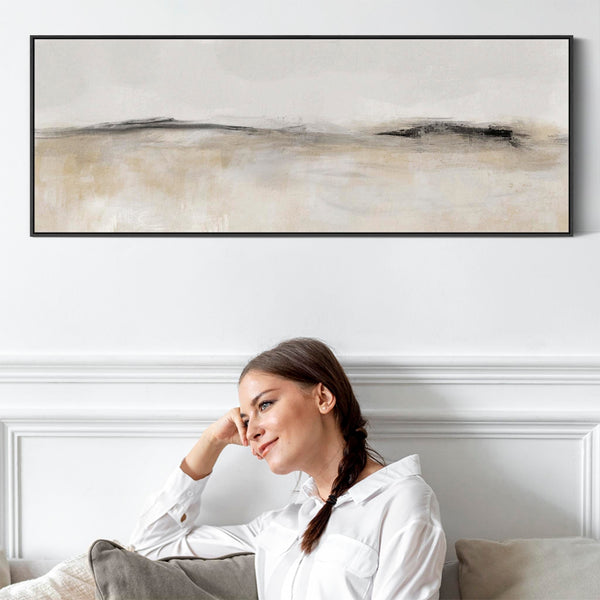 Horizontal Bedroom Wall Art over Bed Neutral Beige Black Long Abstract Panoramic