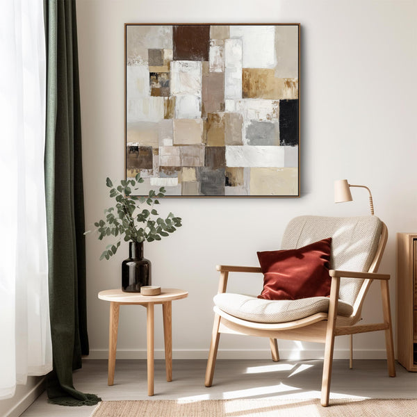 Living Room Canvas Picture - Framed Lounge Art Coffee & Cream