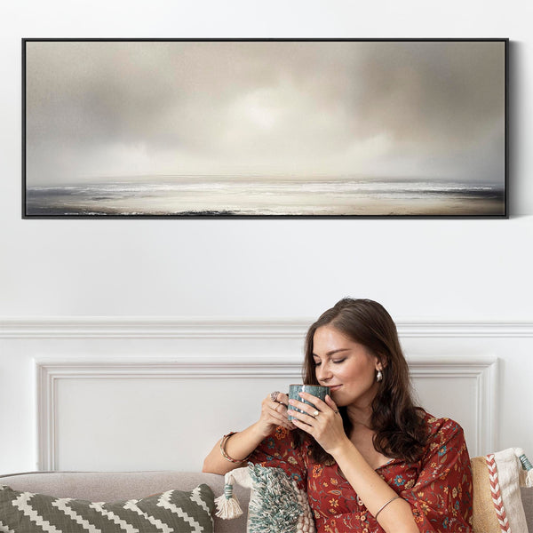 Greige Neutral Wide Framed Canvas Art Panoramic Abstract Landscape for Living Room
