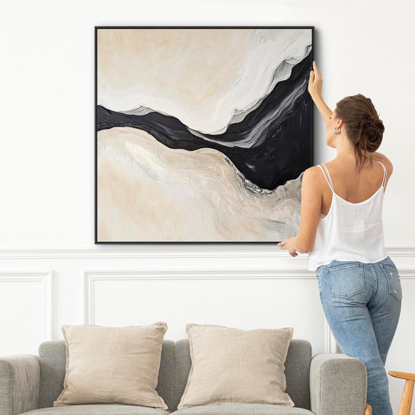 Bedroom Framed Wall Art Canvas Print Cream Black Abstract