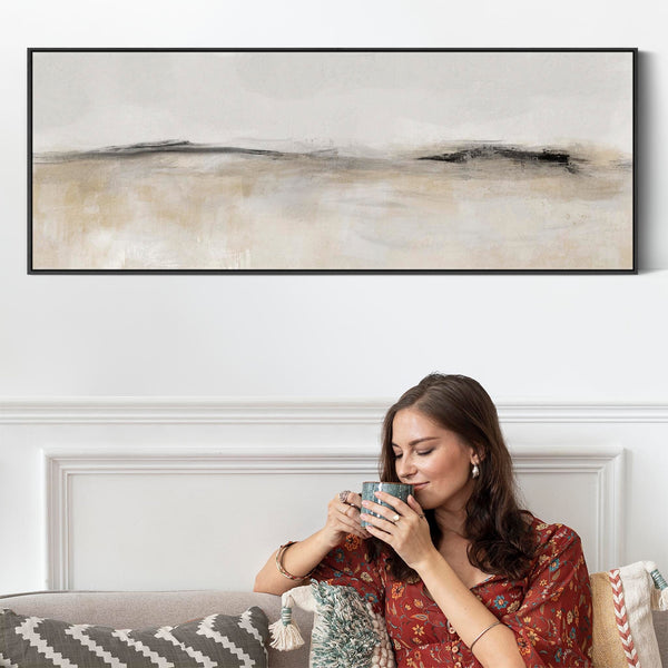 Horizontal Bedroom Wall Art over Bed Neutral Beige Black Long Abstract Panoramic