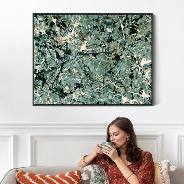 Living Room Framed Canvas - Jackson Pollock Style - Sage Green