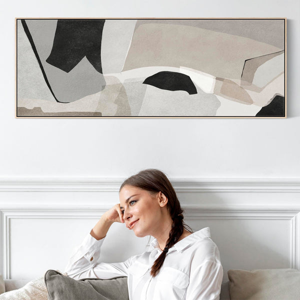 Horizontal Narrow Bedroom Wall Art over Bed Neutral Beige Black Abstract Panoramic