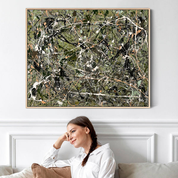Kitchen Wall Art - Framed Jackson Pollock Style - Sage Abstract