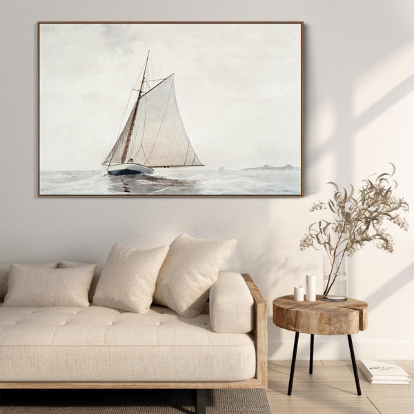 Entrance Hall Framed Wall Art Canvas Print - Neutral - Winslow Homer - Sailing off Gloucester for Hallway