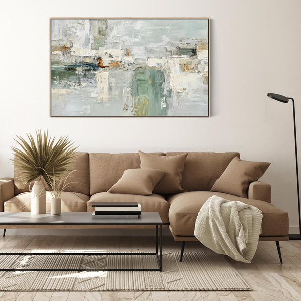 Living Room Wall Art for Lounge - Framed Green Cream Abstract