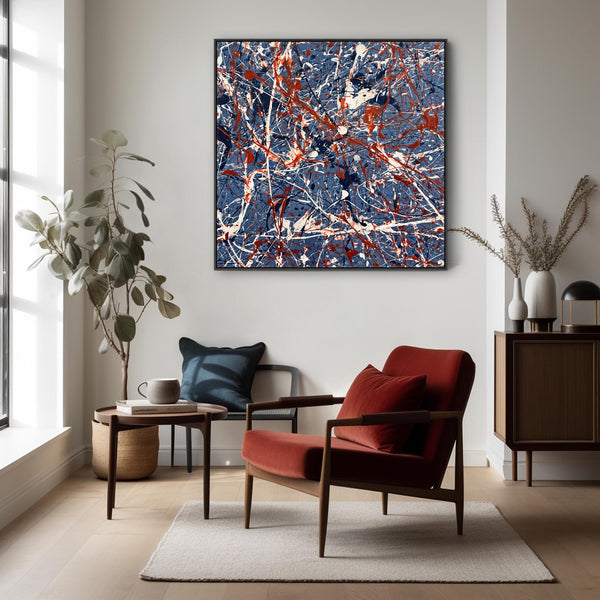 Living Room Framed Canvas Abstract Jackson Pollock Style Blue