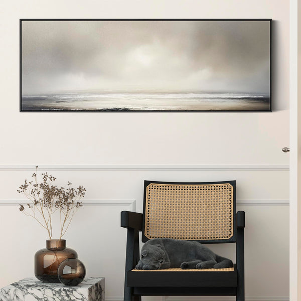 Greige Neutral Wide Framed Canvas Art Panoramic Abstract Landscape for Living Room