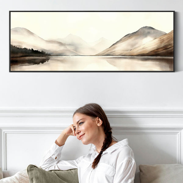 Bedroom Wall Art over Bed Horizontal Wide Framed Canvas Neutral Brown Panoramic