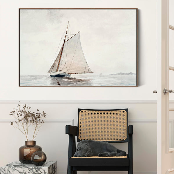 Entrance Hall Framed Wall Art Canvas Print - Neutral - Winslow Homer - Sailing off Gloucester for Hallway