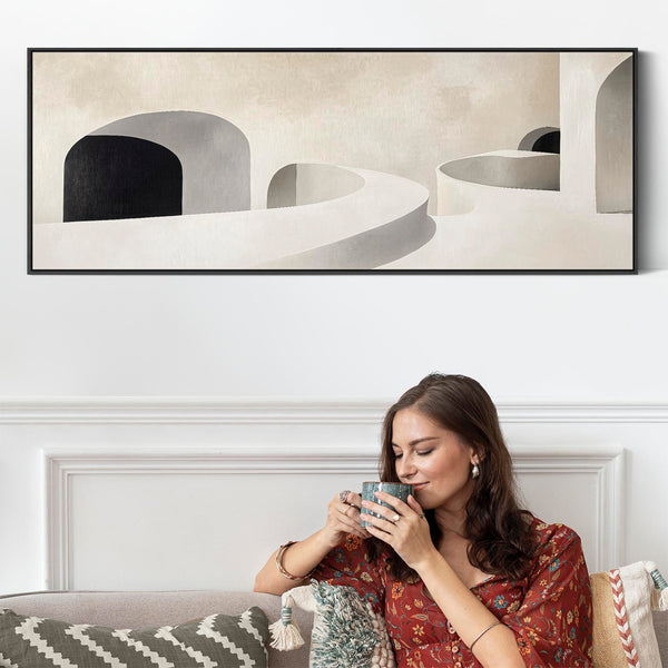 Modern Bedroom Wall Art over Bed Long Narrow Beige Black Panoramic