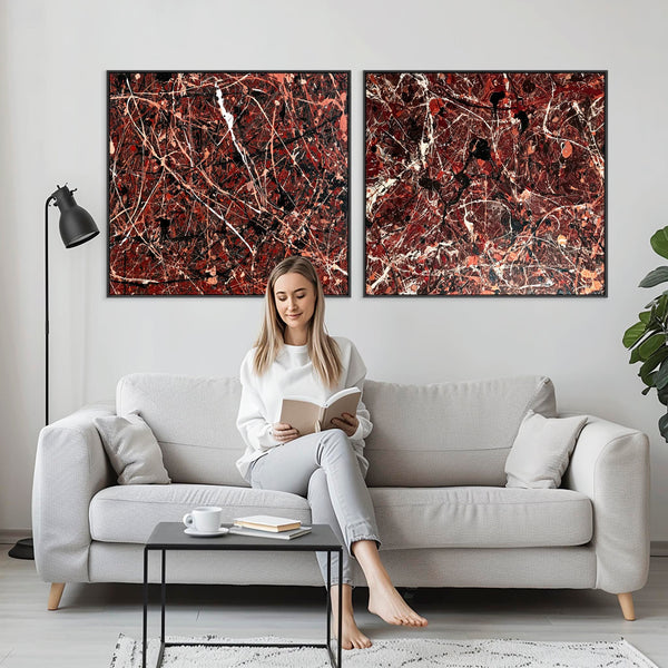 Extra Large Framed Abstract Canvas Pair - Maroon Red Set of 2