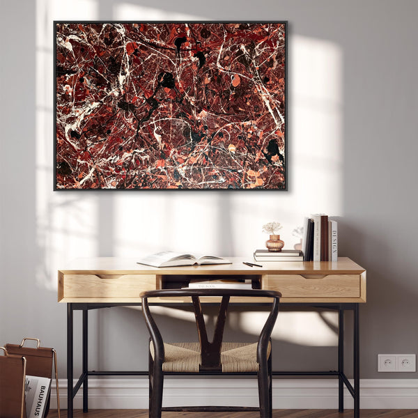 Large Framed Jackson Pollock Style Canvas Art - Maroon Splash