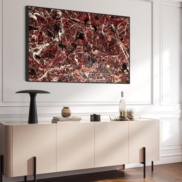 Large Framed Jackson Pollock Style Canvas Art - Maroon Splash
