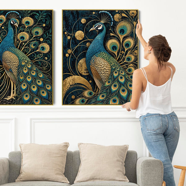 Maximalist Peacock Gold Opulence - Framed Canvas Art - Set of 2