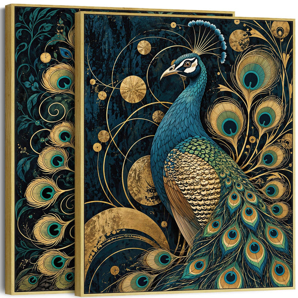 Maximalist Peacock Gold Opulence - Framed Canvas Art - Set of 2