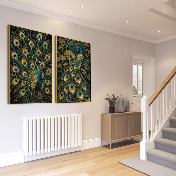 Maximalist Teal Gold Peacock - Framed Pair of Canvases Set of 2