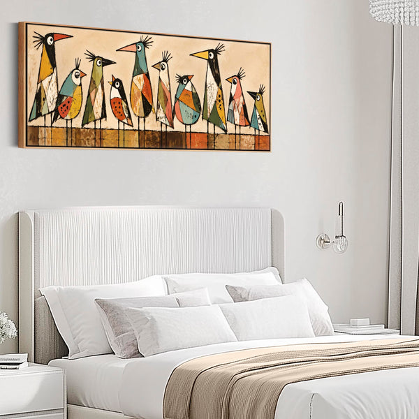 Wide Unique Colourful Framed Canvas - Modern Birds Kitchen Art