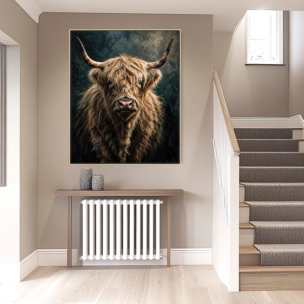 Morag - Blonde Cream Highland Cow - Teal Framed Canvas Print