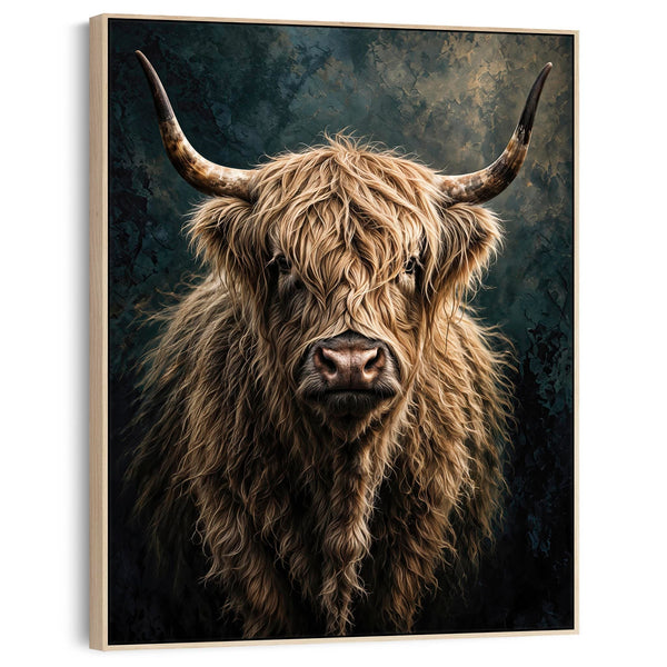 Morag - Blonde Cream Highland Cow - Teal Framed Canvas Print