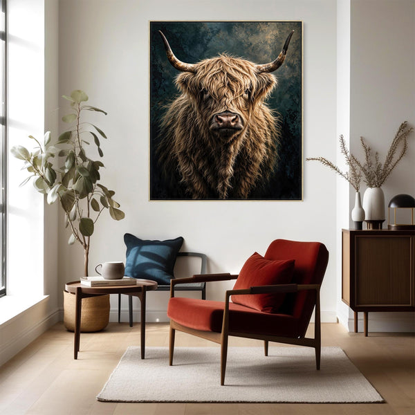 Morag - Blonde Cream Highland Cow - Teal Framed Canvas Print