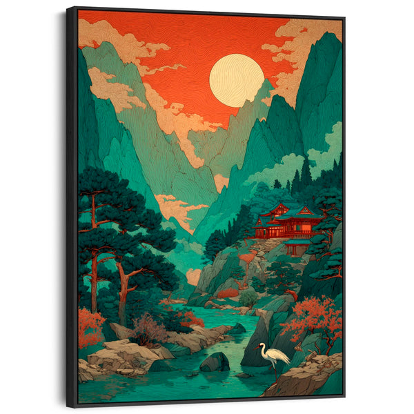 Large Japanese Style Landscape Artwork Framed Terracotta Mountain