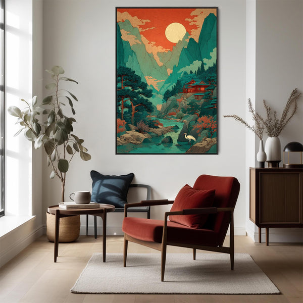 Large Japanese Style Landscape Artwork Framed Terracotta Mountain