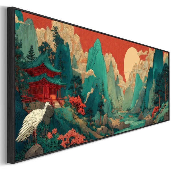 Wide Japanese Horizontal Framed Artwork - Terracotta Teal Mountain Sunrise