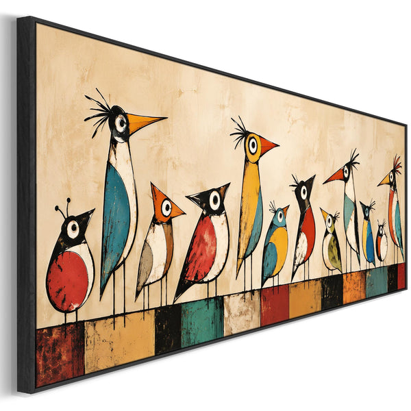Wide Quirky Unusual Framed Canvas - Whimsical Birds on Wire