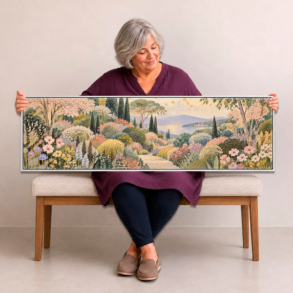 Wide Framed Pastel Canvas Art - Long Colourful Floral Pathway