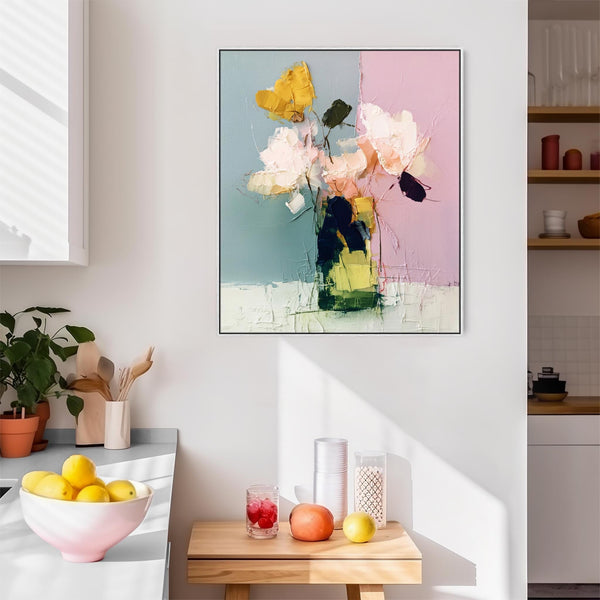 Abstract Colourful Floral Vase - Pink Green Framed Canvas Artwork Print