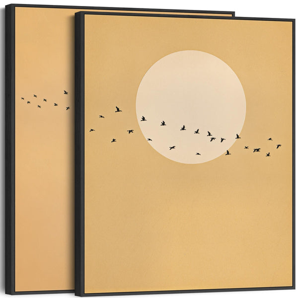 Japandi Framed Canvas Pictures Birds Moon Framed Set of 2