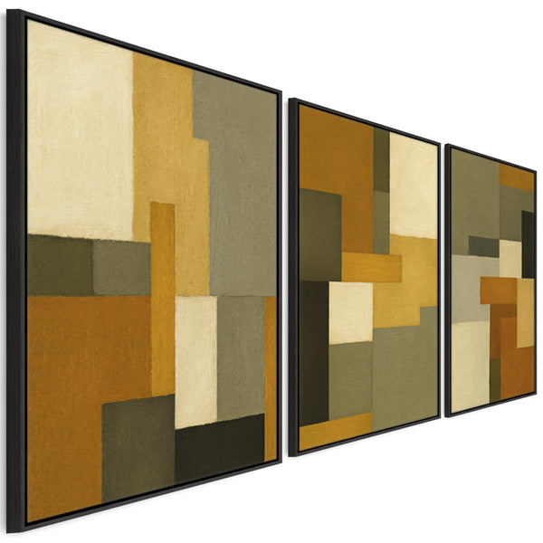 Mustard Green Set of 3 Framed Canvas Abstract - Earthy Warmth