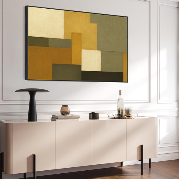 Extra Large Mustard Green Abstract Framed Canvas Artwork - Autumn Forest