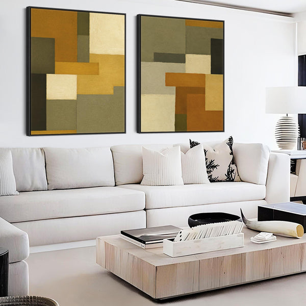 Large Mustard Green Pair of Abstract Framed Canvas Set of 2 - Cozy Earth