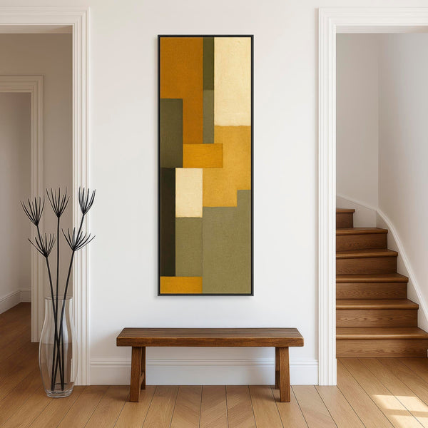 Tall Mustard Green Narrow Framed Canvas Abstract - Earthy Tones