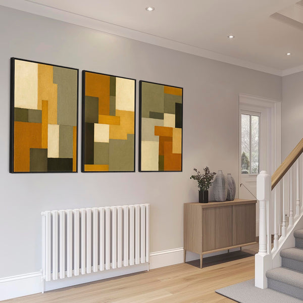 Mustard Green Set of 3 Framed Canvas Abstract - Earthy Warmth
