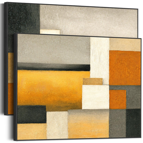 Extra Large Mustard Yellow Orange Pair of Abstract Artwork Framed Set of 2 - Ochre Symmetry